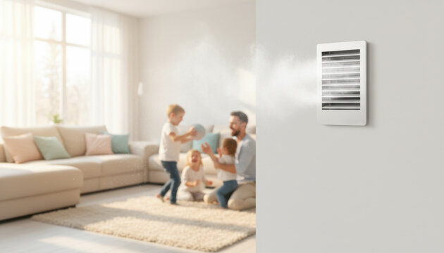 Modern home indoor air quality management system purifying living space environment for family health and wellness inside a residential dwelling