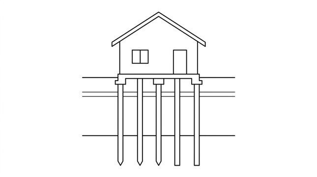 House Deep Pile Foundation Structural Engineering Diagram Vector Line Art