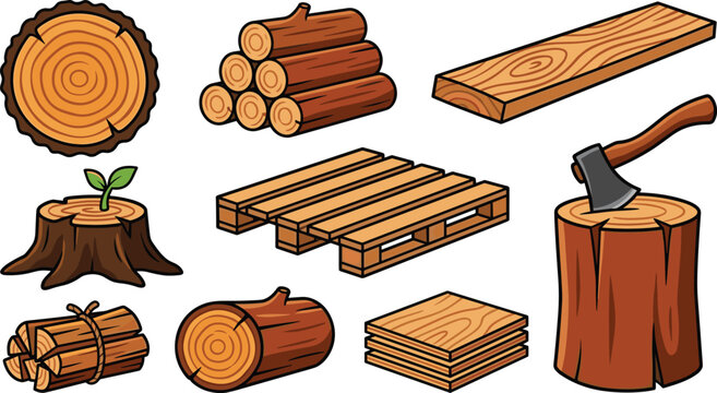 Wood lumber and carpentry vector cartoon illustration set. Tree trunk cross section, piled logs, timber plank, wooden pallet, plywood sheets, axe in firewood stump and isolated lum industry clip art.