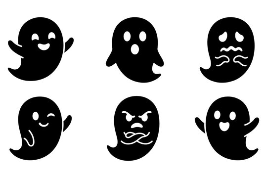 Halloween ghost icons set cute spooky faces for digital designs and seasonal graphics