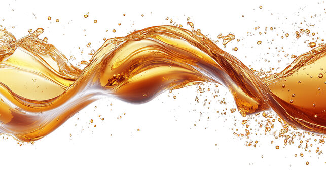 Abstract wave of amber liquid with light reflections, against a dark background