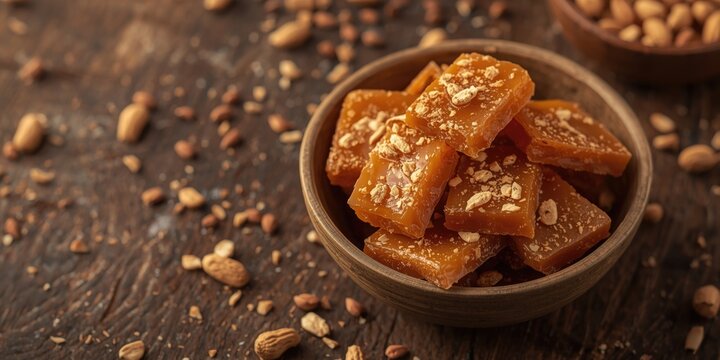 Indian peanut brittle sweet presented in a rustic bowl on wooden background sprinkled with peanuts