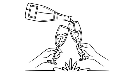 Obraz premium A black and white line drawing of two hands clinking wine glasses with a bottle pouring