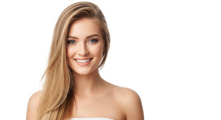 Fototapeta premium Woman holding hair looking up smiling isolated on transparent background