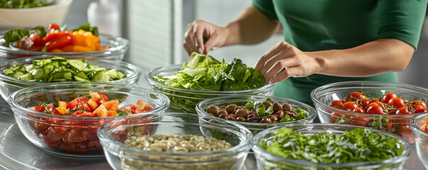 Obraz premium Fresh Salad Bar with Assorted Ingredients in Glass Bowls
