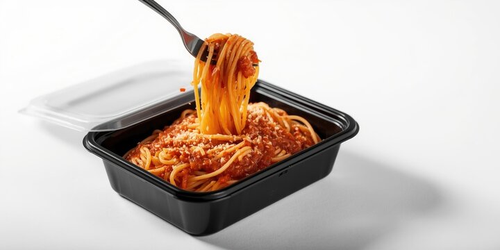 Ready to eat spaghetti bolognese in black plastic box set against white copy space