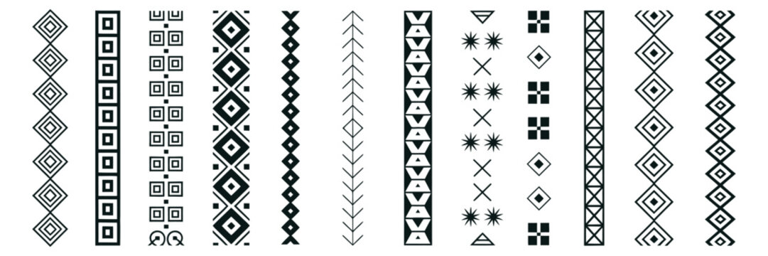 Tribal Pattern Brush Set Featuring Ethnic Decorative Borders, Geometric Ornaments And Seamless Vector Brushes For Adobe Illustrator And Graphic Design.