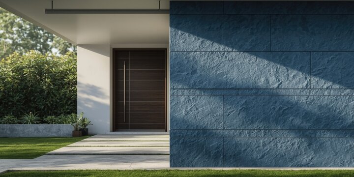 Newly built residence entryway highlighted by an expansive bluestone wall panel