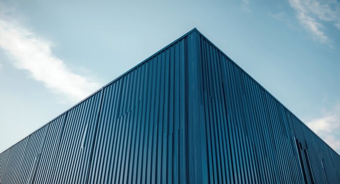 Modern metal building with blue sandwich panel exterior cladding