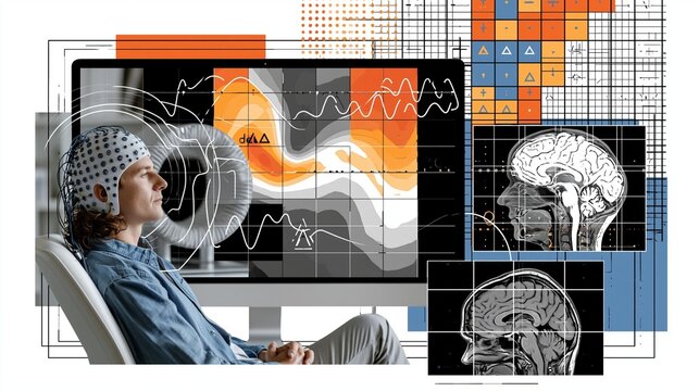 A neuroscience lab monitor shows an EEG brain map with warm heat zones, delta and theta wave overlays, and a head coil around a seated patient; electrode cap, cortical activation grid.