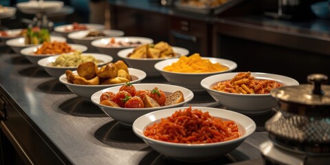Obraz premium Party catering buffet display of assorted cuisine with reserved copyspace for text