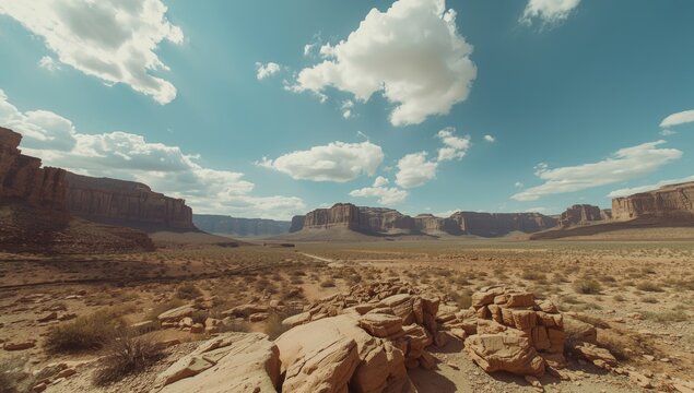 Wide angle desert shot featuring rugged rock landscapes and cloudless blue sky