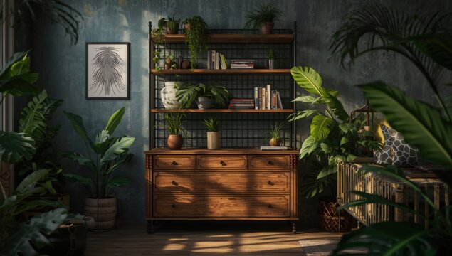 Industrial shelving and wooden commode set in a modern bedroom filled with tropical jungle plants