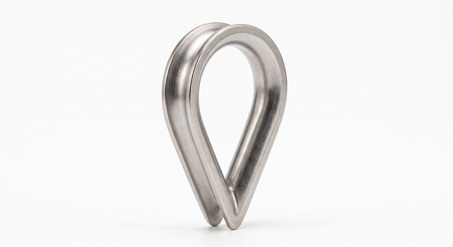 Macro of a teardrop-shaped stainless steel wire rope thimble for cable routing. Marine rigging hardware isolated on white.
