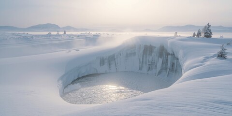 Naklejka premium Frozen lake surrounded by snow-covered landscape