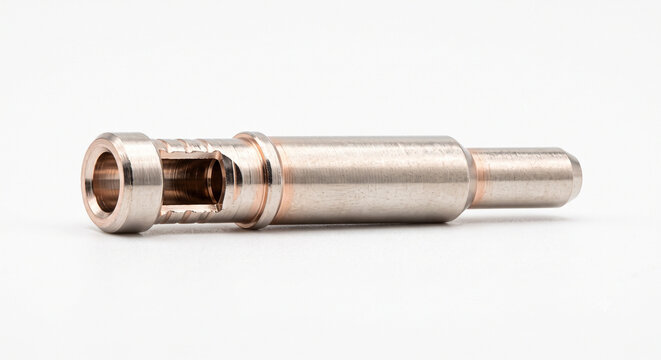 Macro of a tinned copper MC4 solar connector male contact pin. Renewable energy wiring hardware isolated on white.