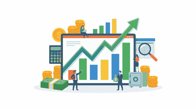 Colorful illustration of business people analyzing a graph on a large computer screen