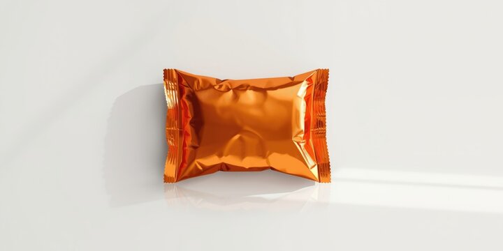 Orange snack wrapper on a reflective surface