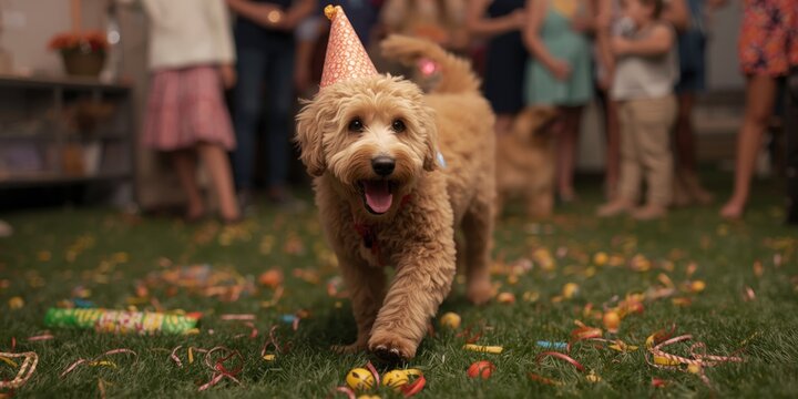 Merry labradoodle pet participating in exciting party games