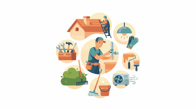 A house maintenance worker surrounded by various tools and tasks