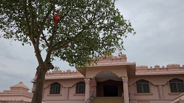 Skyward view sweeps down from the lush Audumbar tree canopy. It reveals the pink facade of Swami Samarth Seva Kendra, descending smoothly to the wide temple steps guarded by majestic elephant statues