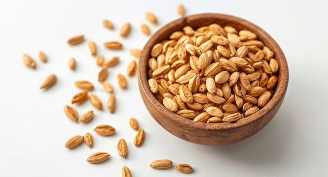 Rustic wooden bowl filled with organic annatto seeds on a clean white background