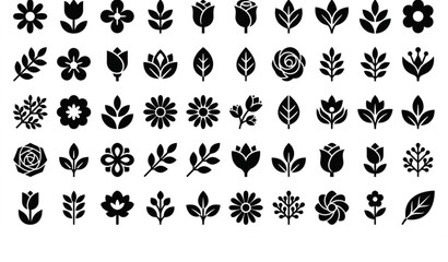 Fototapeta premium SEO Title: Simple Geometric Flower and Leaves Icons Set Modern Minimal Botanical Vector Collection