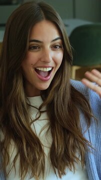 Close-up of a beautiful young woman with long brown hair, smiling and laughing happily while having a pleasant conversation with someone off-camera, showing authentic and positive emotions