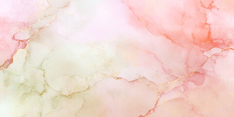 Obraz premium Abstract pink and gold alcohol ink texture background with marble veins and fluid art watercolor paint effects