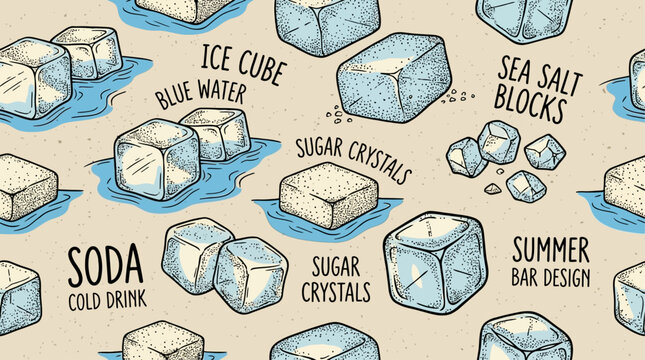 Artistic Hand Drawn Blue Water Background Featuring Ice Cube Doodle Sketch Element and Sea Salt Texture in Aqua Turquoise Palette for Refreshing Summer Graphic Design Project and Illustration