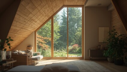 Fototapeta premium Home interior featuring tilted ceiling and window with garden scenery