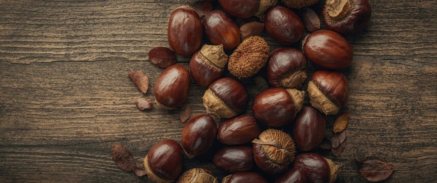 Wooden textured surface adorned with sweet chestnuts seen from above with blank space for message