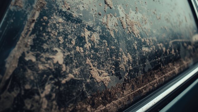 Dirty car window with mud and grime smeared across the surface