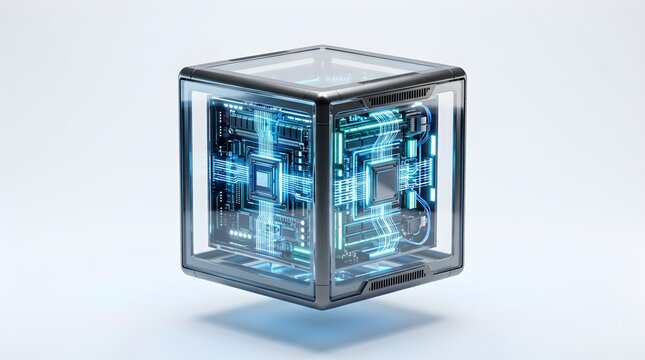 Futuristic transparent AI data cube server with glowing blue circuits, advanced processors and holographic networking for next generation quantum cloud computing