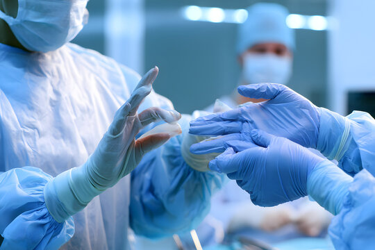In a contemporary hospital operating room, a sterile surgical nurse collaborates with a surgeon as they put on sterile gloves, adhering strictly to hygiene protocols before commencing a medical proced