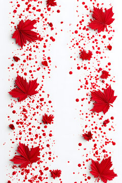 Canadian Independence Day festivities featuring red paper maple leaf motifs and white vertical background with confetti