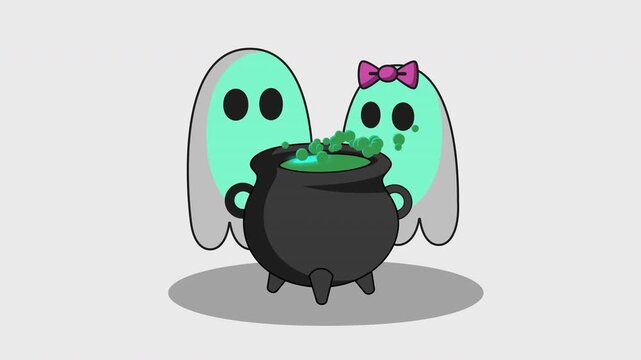 Cute couple ghosts brewing green potion in witch cauldron for halloween loop animation.