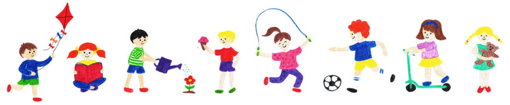 手描きの遊ぶ子どもたちのイラストセット