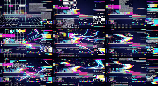 Multiple digital glitch textures with DATA_CORRUPT and ERROR text. Colorful RGB noise, pixel sorting, scan lines and grid distortion. Retro cyberpunk overlay for photo editing.