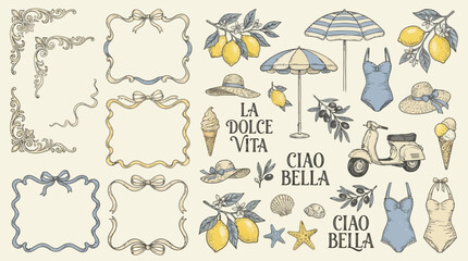 Fototapeta premium Artistic Hand Drawn Doodle Collection of Coquette Girly Italian Beach Vacation Design Elements Featuring Summer Holiday Illustrations in a Feminine Aesthetic Style for Creative Digital Projects