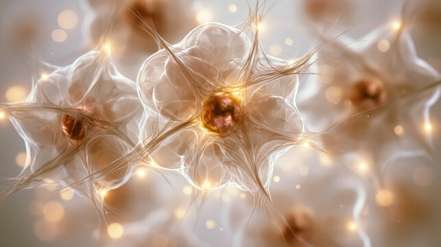 macro fibroblast cells with glowing nucleus on clean clinical background