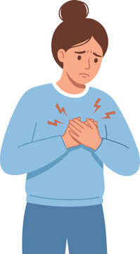 Sad Young Woman Suffering from Severe Chest Pain or Heart Attack Symptom and Holding Hands to Chest Isolated on White Background