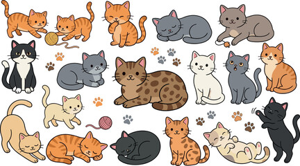 Obraz premium Cute Cartoon Cat Sticker Vector Set Featuring Adorable Kittens Playing Sleeping and Stretching with Paw Prints Isolated on White Background