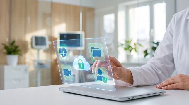 Doctor Accessing Secure Digital Patient Records with Cloud Healthcare Interface
