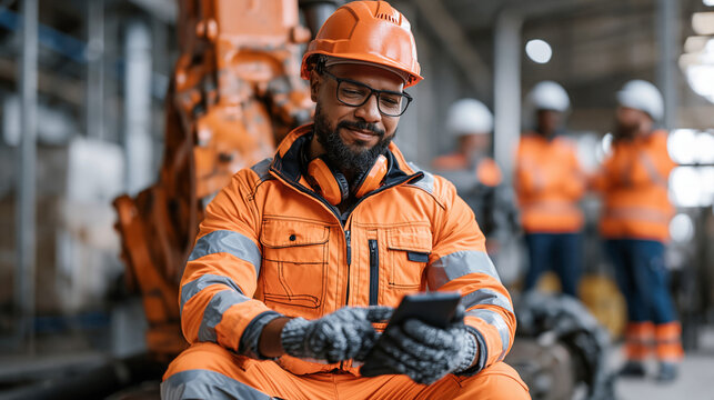 Brazilian robotics safety inspector in protective gear crouches beside a grounded manufacturing arm, reviewing AI anomaly detection logs on a handheld device while workers observe