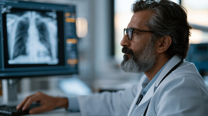Fototapeta premium Sterile hospital radiology suite where an Iranian radiologist and an AI diagnostic overlay compete to highlight the same anomaly on a chest scan, the physician's hand hovering