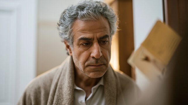 Iranian man in his early fifties studying his own face in a bathroom mirror with a postcard from his birth country tucked into the frame, low angle hero shot from counter level,