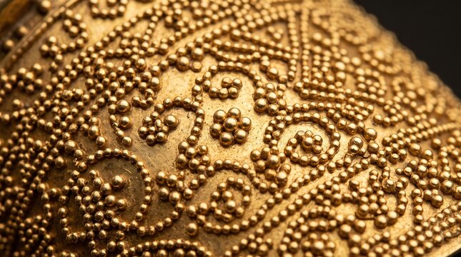 Traditional Balinese gold granulation jewelry close-up, intricate spherical gold granules forming floral and scroll pattern, Indonesian luxury heritage goldsmith craft macro detail