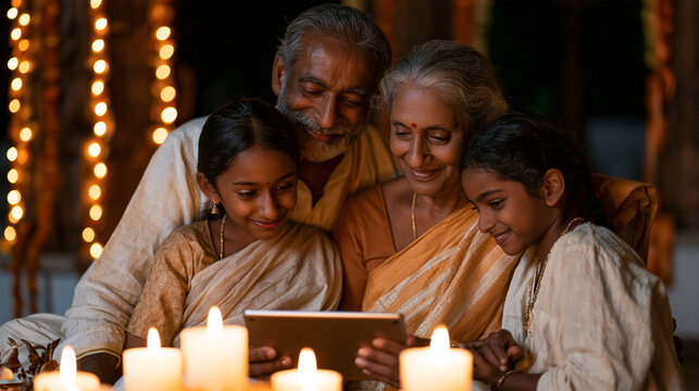 Warm candlelit Diwali evening where a South Indian family gathers around a tablet as a grandmother hesitantly converses with an AI mental health support chatbot in Tamil,