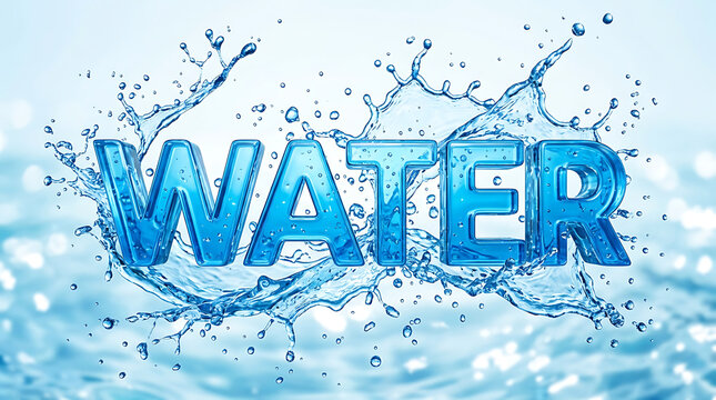 Splashing water droplets forming the word water